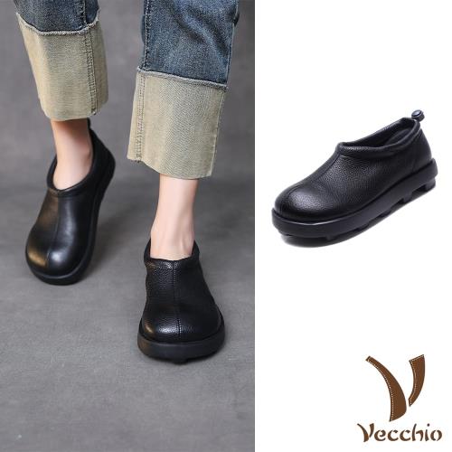 【VECCHIO】全真皮休閒便鞋/全真皮頭層牛皮小圓頭百搭舒適套腳便鞋 休閒鞋 女鞋 黑