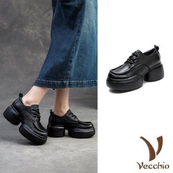 【VECCHIO】全真皮大頭休閒鞋/全真皮頭層牛皮復古厚底大圓頭繫帶休閒鞋 女鞋 黑