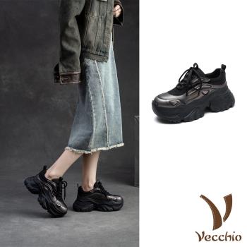 【VECCHIO】真皮厚底老爹鞋/真皮牛皮織布復古拼接厚底休閒老爹鞋 女鞋 黑