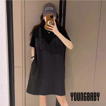 【YOUNGBABY中大碼】簡約條紋背心假兩件式洋裝 中大尺碼女裝