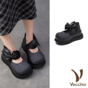 【VECCHIO】真皮透氣棉麻娃娃鞋/真皮頭層牛皮透氣棉麻布拼接蝴蝶結造型厚底娃娃鞋 女鞋 黑
