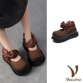 【VECCHIO】真皮透氣棉麻娃娃鞋/真皮頭層牛皮透氣棉麻布拼接蝴蝶結造型厚底娃娃鞋 女鞋 咖