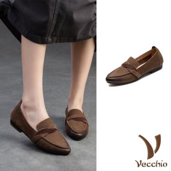 【VECCHIO】全真皮撞色尖頭低跟鞋/全真皮頭層牛皮撞色曲線小尖頭復古低跟鞋 女鞋 棕