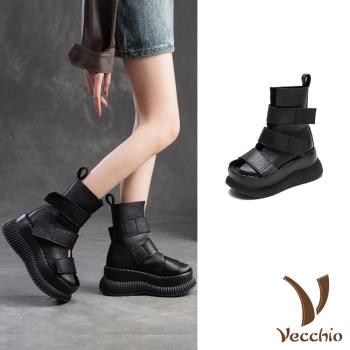 【VECCHIO】真皮魔鬼粘羅馬涼鞋/真皮頭層牛皮個性魔鬼粘露趾時尚厚底羅馬涼鞋 涼靴 女鞋 黑