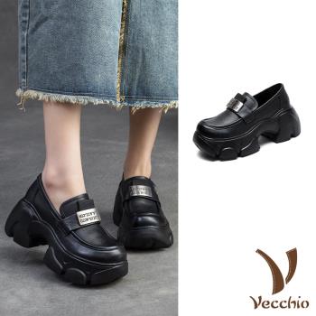 【VECCHIO】全真皮鬆糕休閒樂福鞋/全真皮頭層牛皮個性金屬方牌鬆糕厚底休閒樂福鞋 女鞋 黑