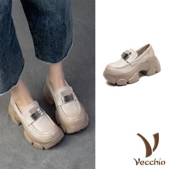 【VECCHIO】全真皮鬆糕休閒樂福鞋/全真皮頭層牛皮個性金屬方牌鬆糕厚底休閒樂福鞋 女鞋 米
