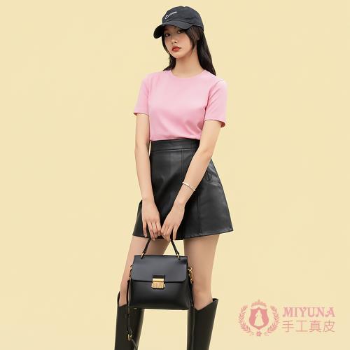 【MIYUNA米友娜】古著頭層復古油蠟牛真皮Mlissi光澤質感手提斜背包-經典黑