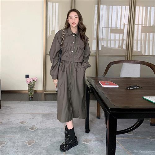 【巴黎精品】連身裙長袖洋裝-工裝假兩件高腰長裙女裙子2色a1fc48