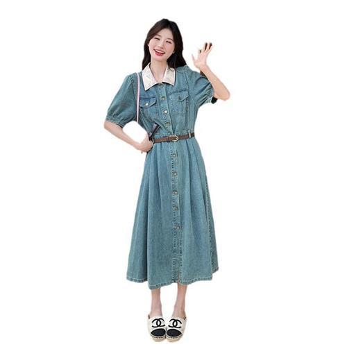 【巴黎精品】連身裙短袖洋裝-撞色領牛仔修身休閒女裙子a1fc16