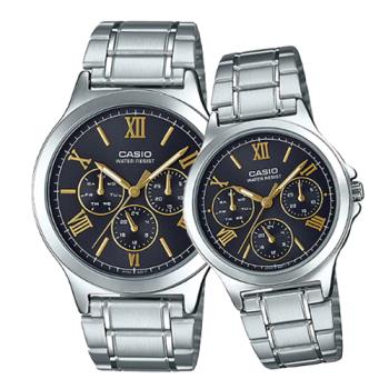 【CASIO 卡西歐】甜蜜浪漫 情侶對錶 三眼設計款 不鏽鋼錶帶 (MTP-V300D-1A2 + LTP-V300D-1A2)