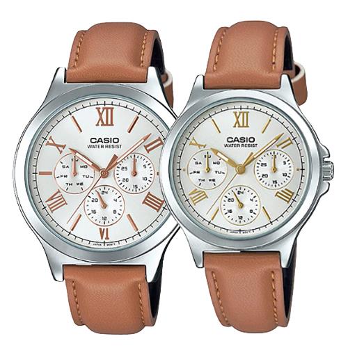 【CASIO 卡西歐】甜蜜浪漫 情侶對錶 三眼設計款 皮革錶帶  (MTP-V300L-7A2 + LTP-V300L-7A2)