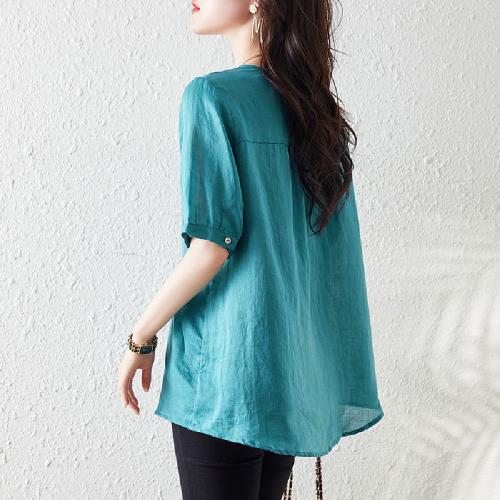 【LANNI 藍尼】★舒適刺繡麻感大尺碼上衣(上衣/女裝/T恤/休閒/百搭)