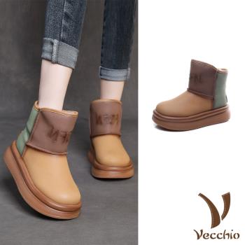 【VECCHIO】真皮厚底雪靴/真皮彩色牛皮拼接保暖厚絨設計個性厚底雪靴 女鞋 黃