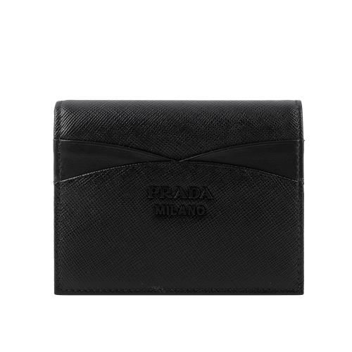 PRADA 徽標Logo 交叉設計防刮皮革二折零錢袋短夾(黑色)