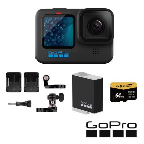 【GoPro】HERO11 Black 機車族原電套組 (HERO11單機+安全帽前置+側固定座+Enduro原廠充電電池+64G記憶卡) 正成公司貨