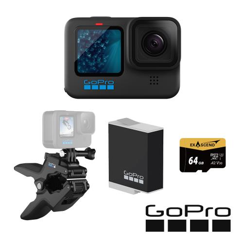 【GoPro】HERO11 Black 隨夾隨拍套組 (HERO11單機+鯊魚軟管夾+Enduro原廠充電電池+64G記憶卡) 正成公司貨