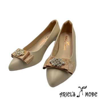 Ariels mode優雅蝴蝶結水晶鑽飾釦羊皮尖頭小貓跟鞋-杏色