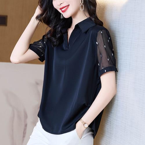 【ALLK 歐楷】新品 拼接雪紡衫上衣 黑色(尺寸L-XXL/中大尺碼/涼爽/透氣)