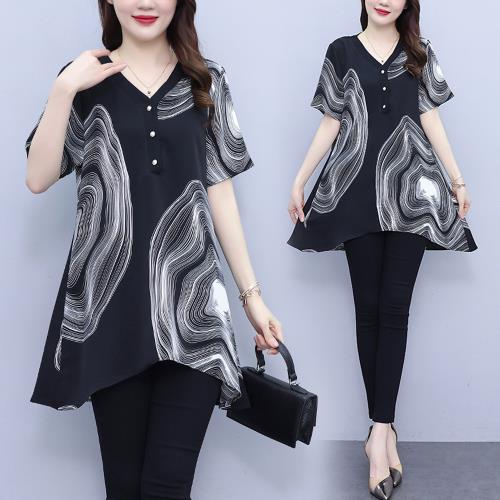 【ALLK 歐楷】新品 印花雪紡衫長上衣 圖片色(尺寸L-XXL/中大尺碼/涼爽/透氣)