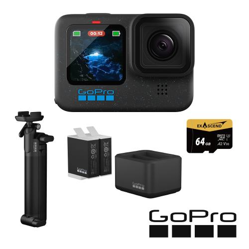 【GoPro】HERO12 Black 三向自拍套組 (HERO12單機+三向多功能自拍桿2.0+Enduro雙座充雙電池+64G記憶卡) 正成公司貨