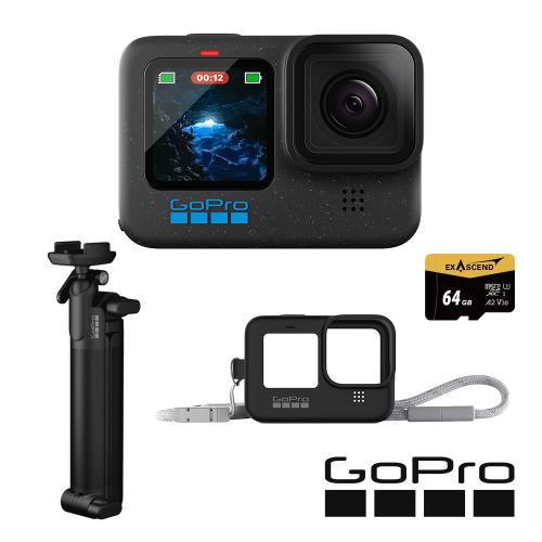 【GoPro】HERO12 Black 新手旅拍套組 (HERO12單機+三向多功能自拍桿2.0+護套+繫繩+64G記憶卡) 正成公司貨