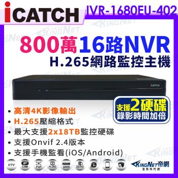 【帝網KingNet】ICATCH 可取 IVR-1680EU-402 4K 雙硬碟 16路主機 800萬 4K NVR 錄影主機 網路監控主機