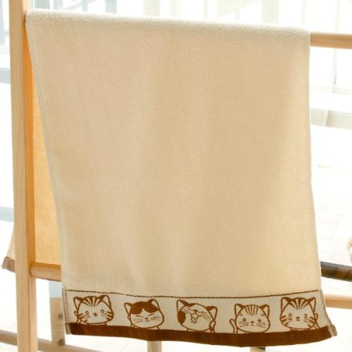 【台灣興隆毛巾】有機棉 福氣Q貓咪毛巾-咖啡色緞條(單條裝) 