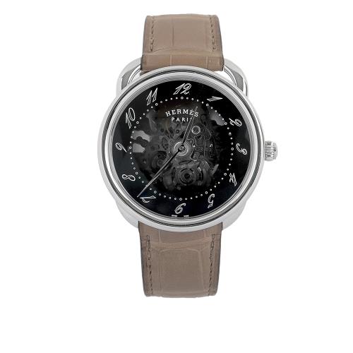 二手商品9成新_HERMES Arceau Squelette 透明齒輪錶盤及鱷魚皮錶帶男錶(象灰色)