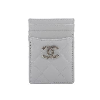 展示商品 CHANEL Logo 銀色鏤空標誌菱格紋牛皮卡片夾/名片夾(淺灰色)