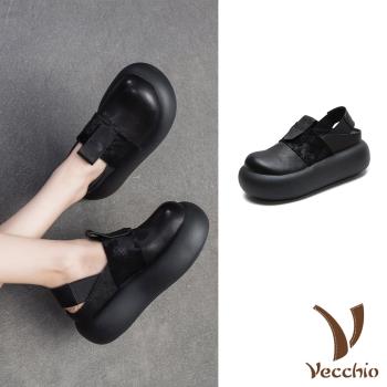 【VECCHIO】全真皮厚底包頭涼鞋/全真皮頭層牛皮鬆糕厚底寬楦舒適包頭涼鞋 女鞋 黑