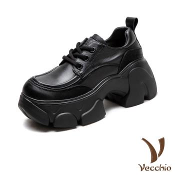 【VECCHIO】全真皮復古厚底休閒鞋/全真皮頭層牛皮復古拼接繫帶鬆糕厚底休閒鞋 女鞋 黑