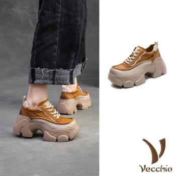 【VECCHIO】全真皮拼接厚底休閒鞋/全真皮頭層牛皮復古拼接繫帶鬆糕厚底休閒鞋 女鞋 黃