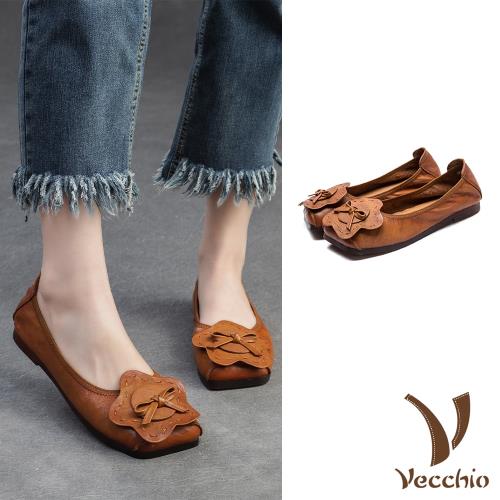 【VECCHIO】全真皮花朵平底便鞋/全真皮頭層牛皮寬楦舒適花朵造型平底鞋 便鞋 女鞋 棕