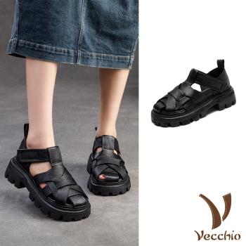 【VECCHIO】真皮米字編織厚底涼鞋/真皮頭層牛皮復古米字編織設計厚底涼鞋 女鞋 黑