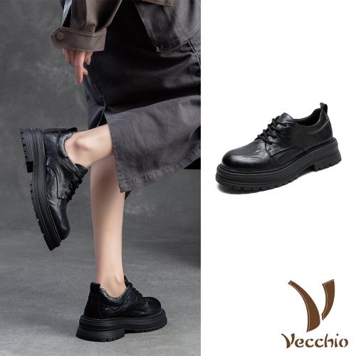 【VECCHIO】全真皮手抓紋粗跟休閒鞋/全真皮頭層牛皮手抓紋設計繫帶粗跟休閒鞋 女鞋 黑