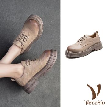 【VECCHIO】全真皮手抓紋粗跟休閒鞋/全真皮頭層牛皮手抓紋設計繫帶粗跟休閒鞋 女鞋 米