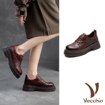 【VECCHIO】全真皮手抓紋粗跟休閒鞋/全真皮頭層牛皮手抓紋設計繫帶粗跟休閒鞋 女鞋 咖