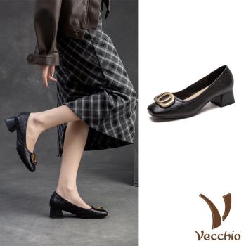 【VECCHIO】羊皮小方頭粗跟鞋/真皮羊皮小方頭金屬雙圈飾件粗跟鞋 女鞋 黑