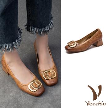 【VECCHIO】羊皮小方頭粗跟鞋/真皮羊皮小方頭金屬雙圈飾件粗跟鞋 女鞋 棕