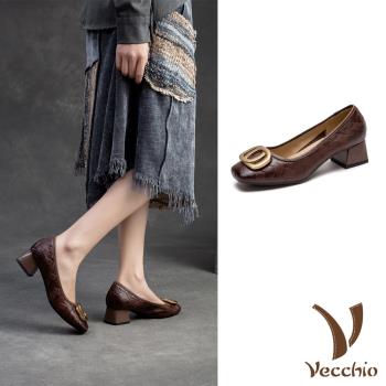 【VECCHIO】羊皮小方頭粗跟鞋/真皮羊皮小方頭金屬雙圈飾件粗跟鞋 女鞋 咖