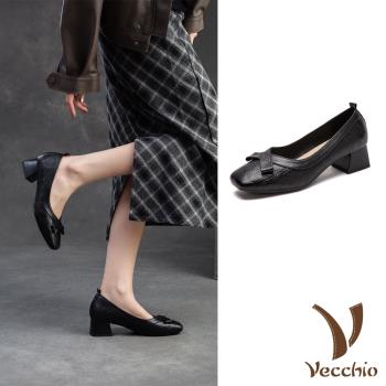 【VECCHIO】羊皮蝴蝶結淺口粗跟鞋/真皮羊皮蝴蝶結滾邊造型淺口粗跟鞋 女鞋 黑