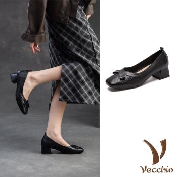 【VECCHIO】羊皮蝴蝶結淺口粗跟鞋真皮羊皮蝴蝶結滾邊造型淺口粗跟鞋 女鞋 黑