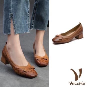 【VECCHIO】羊皮蝴蝶結淺口粗跟鞋/真皮羊皮蝴蝶結滾邊造型淺口粗跟鞋 女鞋 棕