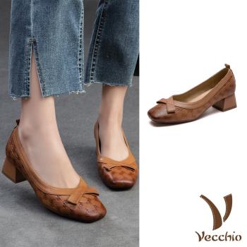【VECCHIO】羊皮蝴蝶結淺口粗跟鞋真皮羊皮蝴蝶結滾邊造型淺口粗跟鞋 女鞋 棕