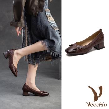 【VECCHIO】羊皮蝴蝶結淺口粗跟鞋/真皮羊皮蝴蝶結滾邊造型淺口粗跟鞋 女鞋 咖