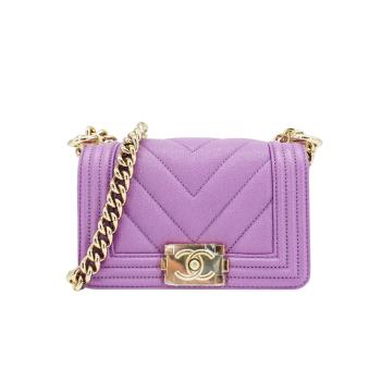 Chanel Mini Boy 粒紋牛皮淡金釦壓邊斜揹包-15cm(A67364-紫)