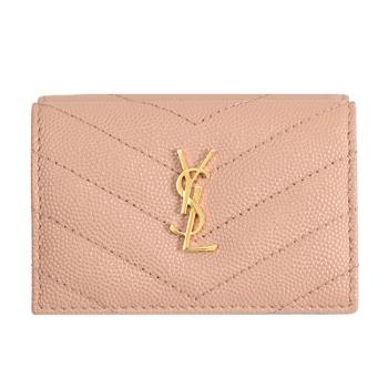 YSL 668274 MONOGRAM V紋牛皮三折小短夾.藕粉