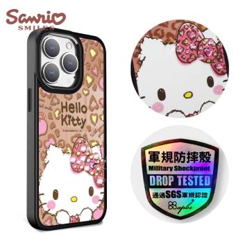 三麗鷗 iPhone 15/14系列 軍規防摔鋁合金鏡頭框鏡面手機殼-豹紋凱蒂