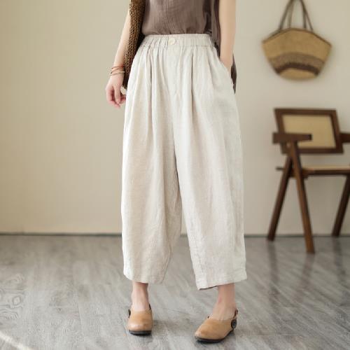 【LANNI 藍尼】★舒適寬管休閒麻感長褲(女裝/褲子/長褲/短褲/九分褲)