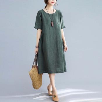 【LANNI 藍尼】★寬鬆五分袖麻感短袖連身裙(女裝/洋裝/連身裙/長版上衣/休閒/氣質)
